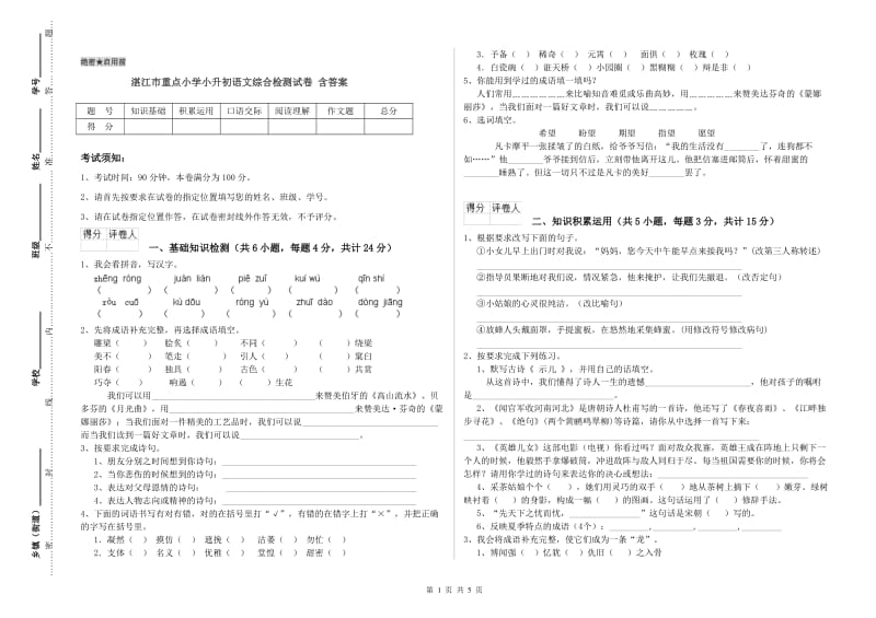 湛江市重点小学小升初语文综合检测试卷 含答案.doc_第1页