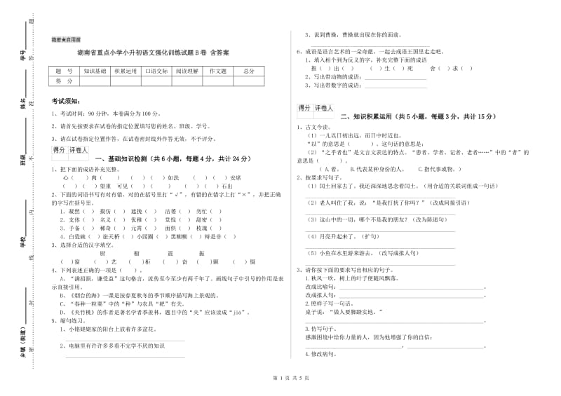 湖南省重点小学小升初语文强化训练试题B卷 含答案.doc_第1页