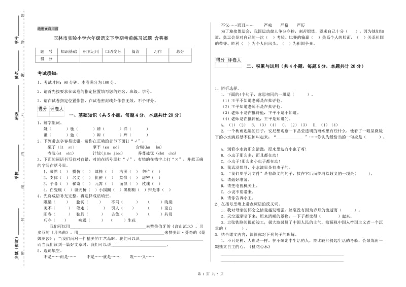 玉林市实验小学六年级语文下学期考前练习试题 含答案.doc_第1页