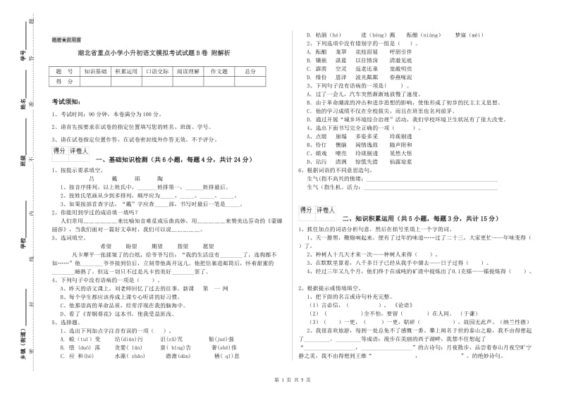 湖北省重点小学小升初语文模拟考试试题B卷 附解析.doc_第1页