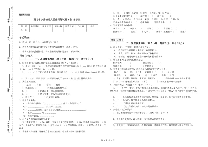 湖北省小升初语文强化训练试卷B卷 含答案.doc_第1页