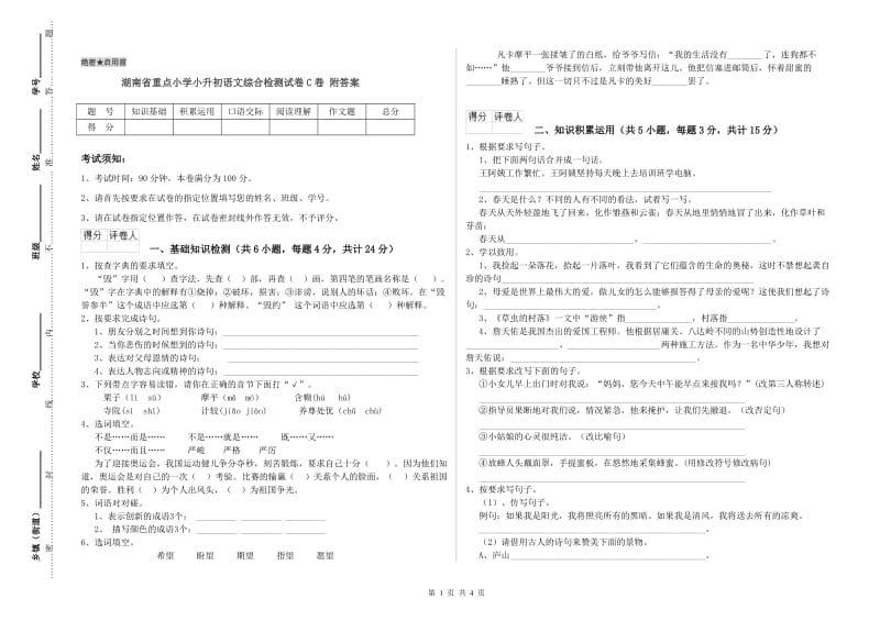 湖南省重点小学小升初语文综合检测试卷C卷 附答案.doc_第1页