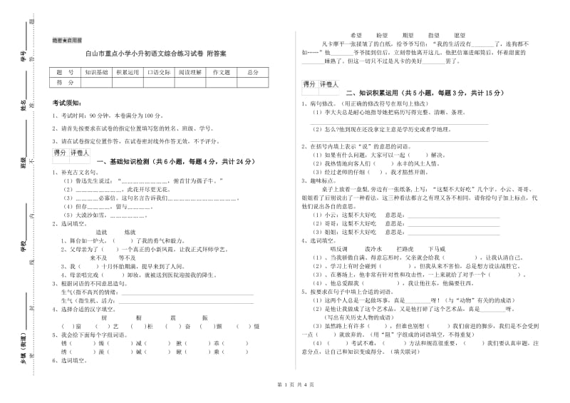 白山市重点小学小升初语文综合练习试卷 附答案.doc_第1页