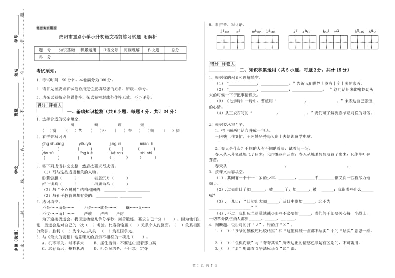 绵阳市重点小学小升初语文考前练习试题 附解析.doc_第1页