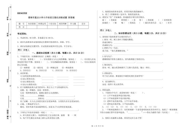 渭南市重点小学小升初语文强化训练试题 附答案.doc_第1页