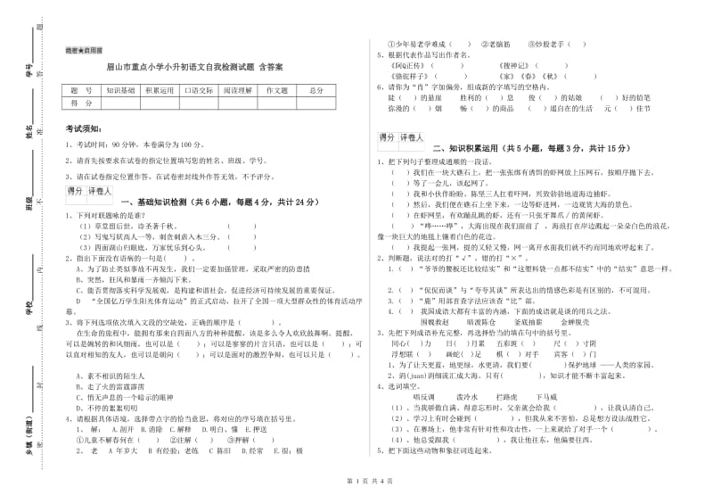 眉山市重点小学小升初语文自我检测试题 含答案.doc_第1页