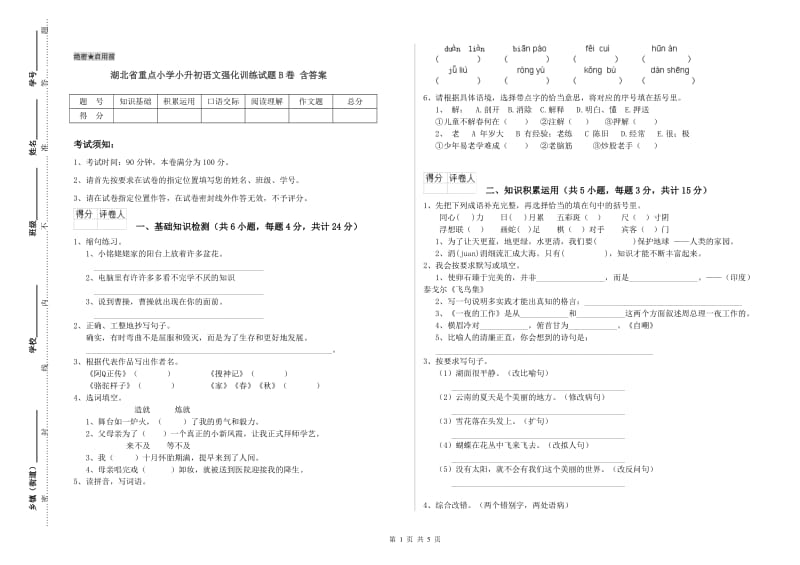 湖北省重点小学小升初语文强化训练试题B卷 含答案.doc_第1页