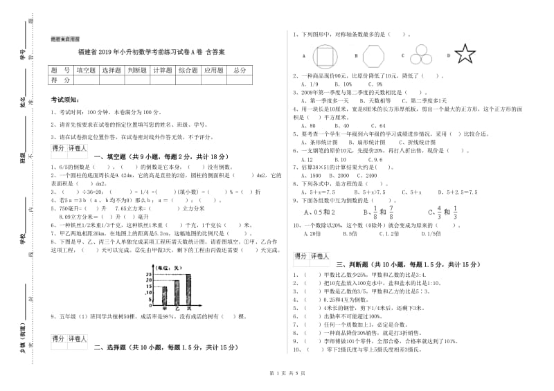 福建省2019年小升初数学考前练习试卷A卷 含答案.doc_第1页