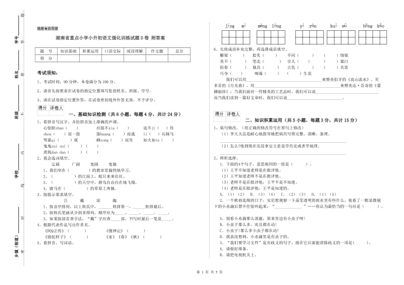 湖南省重点小学小升初语文强化训练试题D卷 附答案.doc_第1页