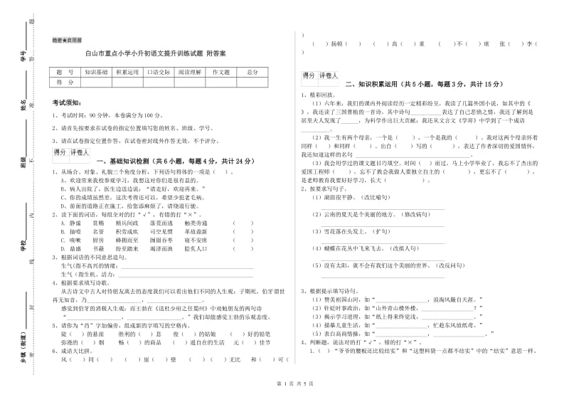 白山市重点小学小升初语文提升训练试题 附答案.doc_第1页