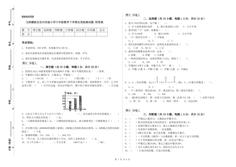 玉树藏族自治州实验小学六年级数学下学期自我检测试题 附答案.doc_第1页