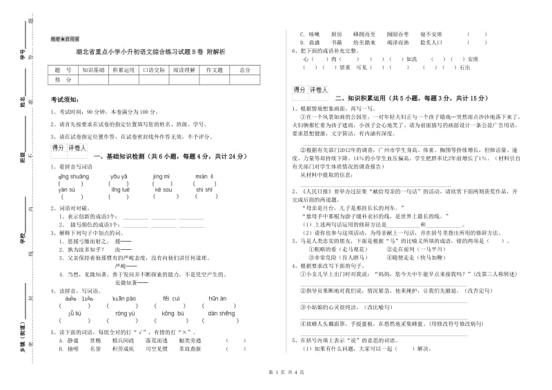 湖北省重点小学小升初语文综合练习试题B卷 附解析.doc_第1页