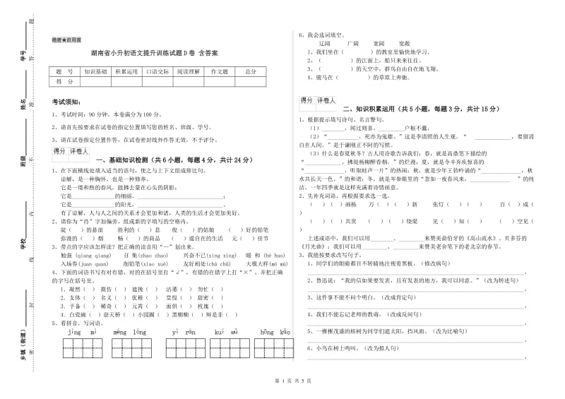 湖南省小升初语文提升训练试题D卷 含答案.doc_第1页