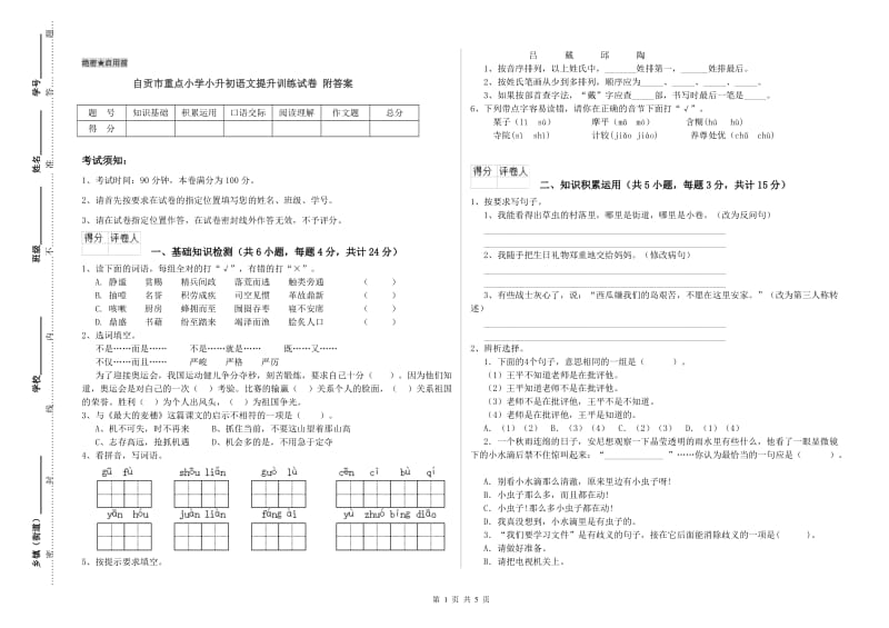 自贡市重点小学小升初语文提升训练试卷 附答案.doc_第1页