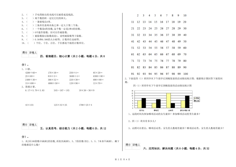 福建省2020年四年级数学【下册】开学考试试题 含答案.doc_第2页