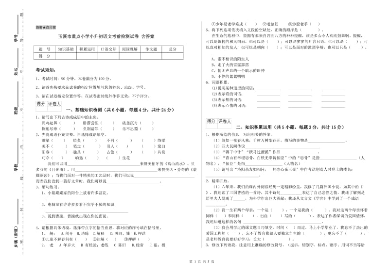 玉溪市重点小学小升初语文考前检测试卷 含答案.doc_第1页