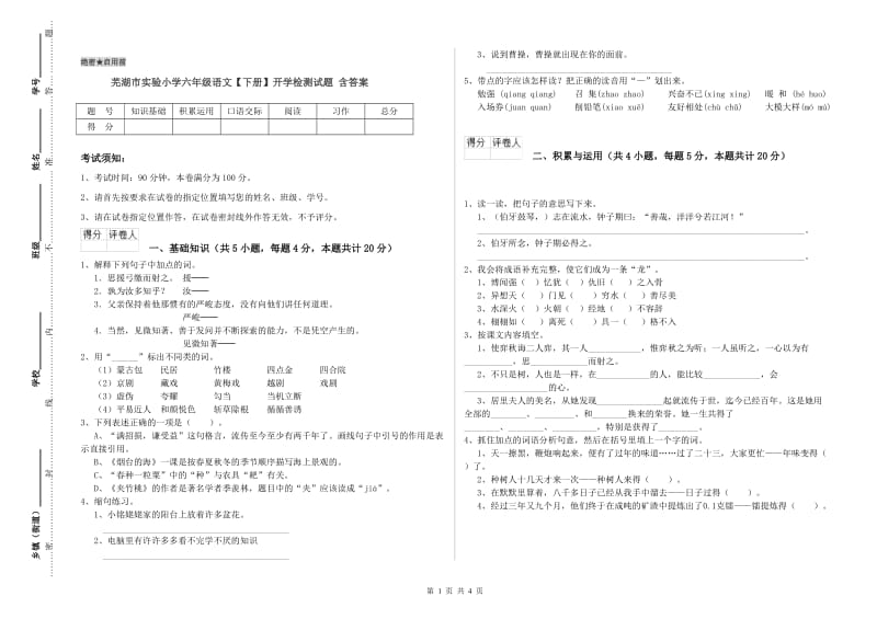 芜湖市实验小学六年级语文【下册】开学检测试题 含答案.doc_第1页