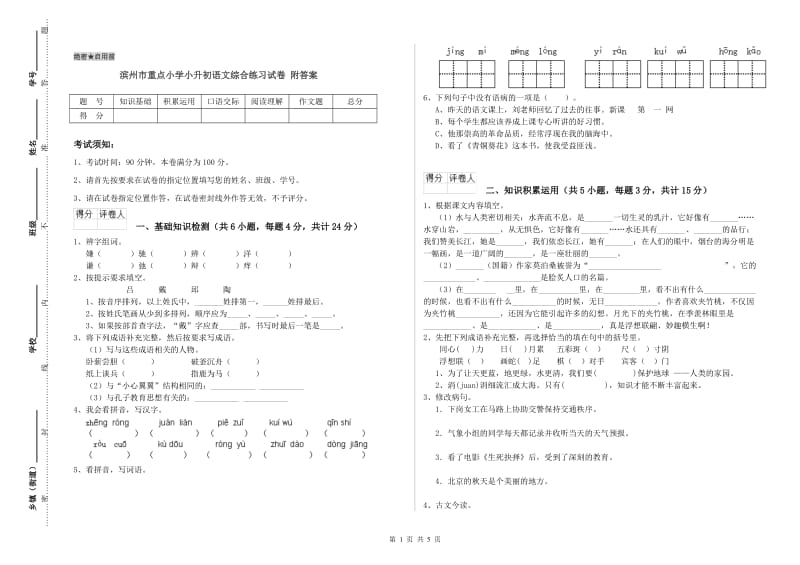 滨州市重点小学小升初语文综合练习试卷 附答案.doc_第1页