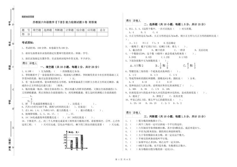 苏教版六年级数学【下册】能力检测试题D卷 附答案.doc_第1页