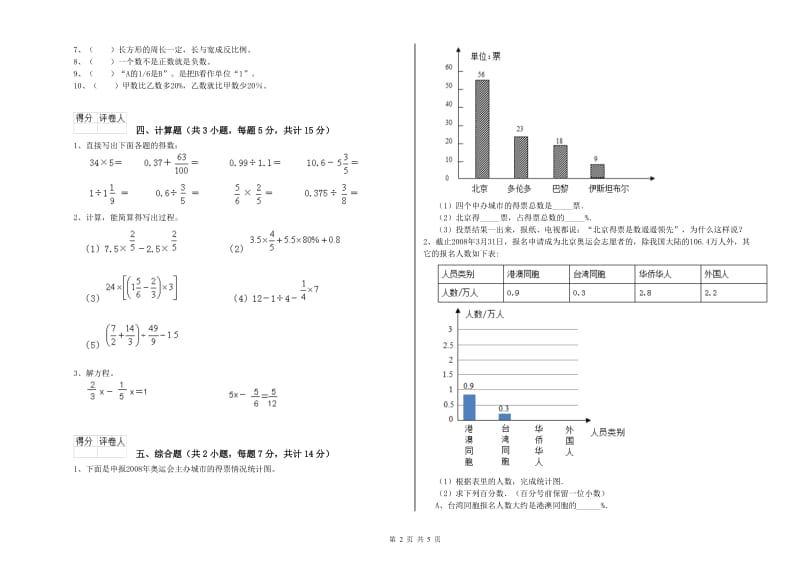 舟山市实验小学六年级数学【下册】期中考试试题 附答案.doc_第2页