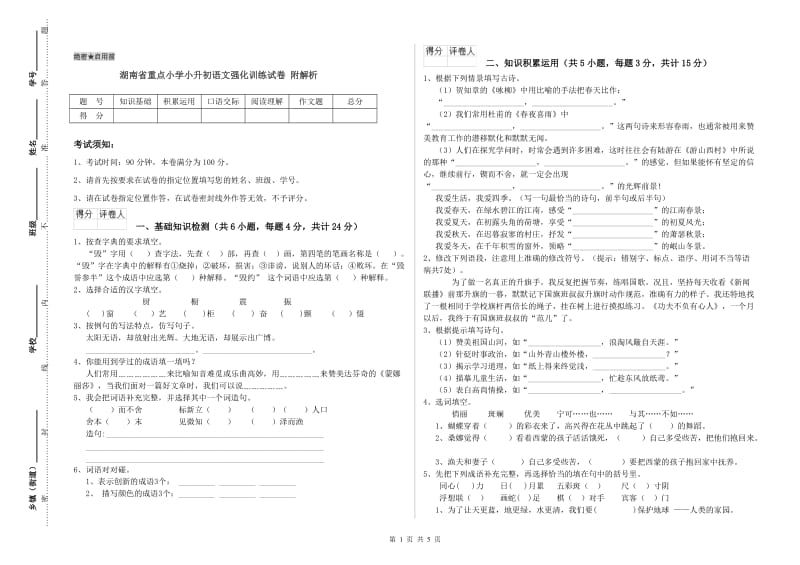 湖南省重点小学小升初语文强化训练试卷 附解析.doc_第1页