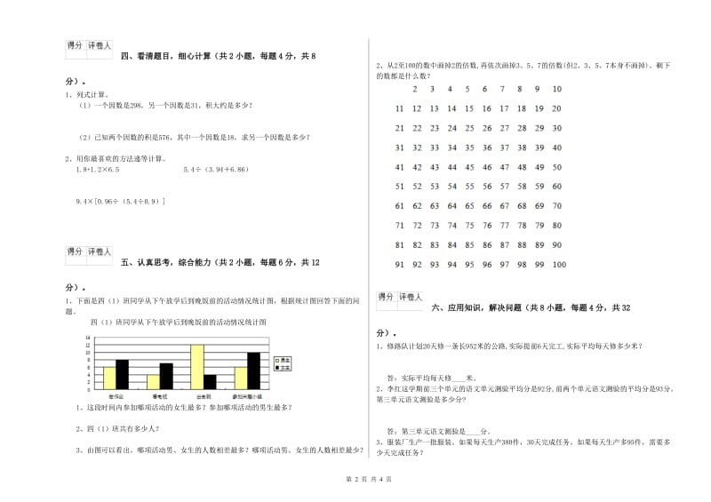 甘肃省重点小学四年级数学下学期期中考试试卷 附解析.doc_第2页