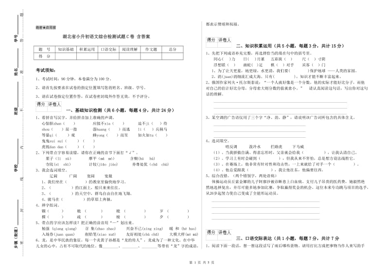 湖北省小升初语文综合检测试题C卷 含答案.doc_第1页