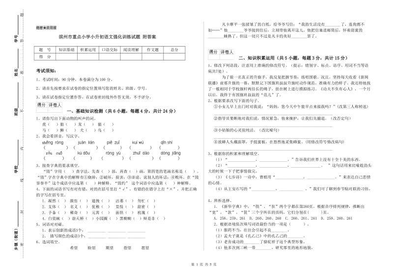 滨州市重点小学小升初语文强化训练试题 附答案.doc_第1页