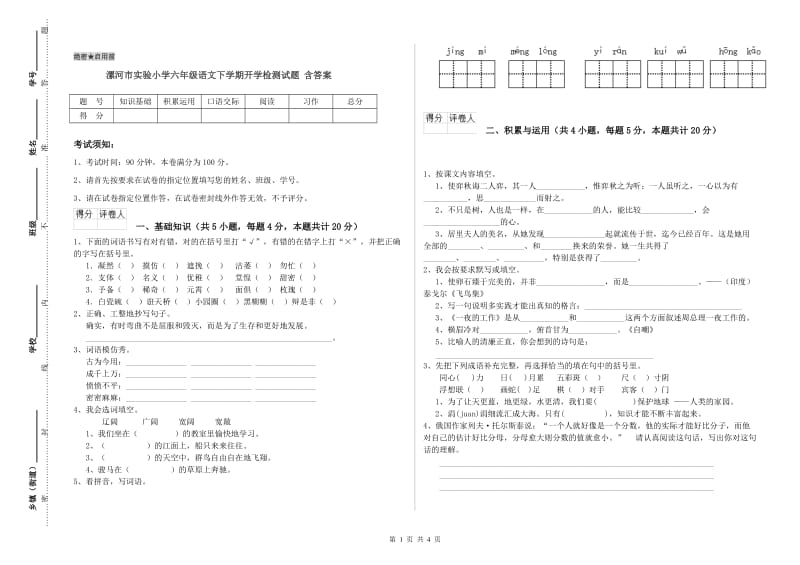 漯河市实验小学六年级语文下学期开学检测试题 含答案.doc_第1页