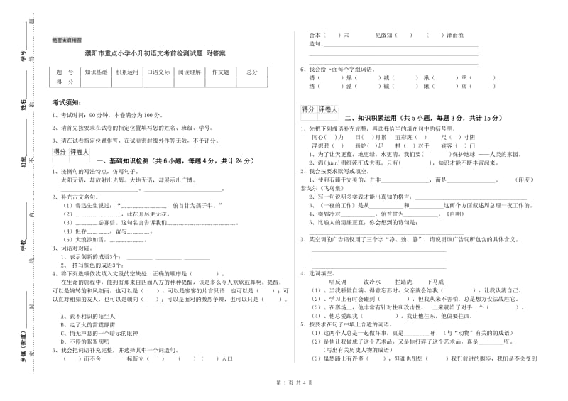 濮阳市重点小学小升初语文考前检测试题 附答案.doc_第1页