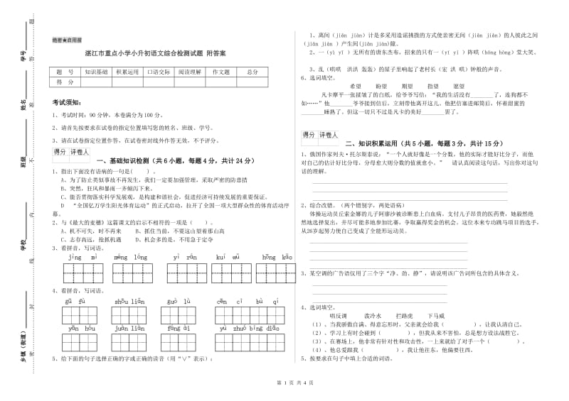 湛江市重点小学小升初语文综合检测试题 附答案.doc_第1页