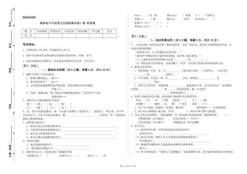 湖南省小升初语文自我检测试卷C卷 附答案.doc_第1页