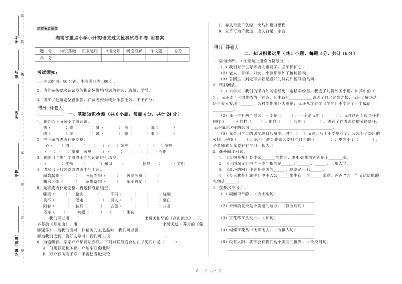 湖南省重点小学小升初语文过关检测试卷B卷 附答案.doc_第1页