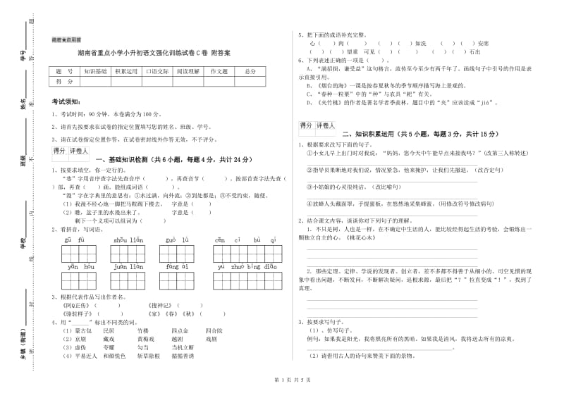 湖南省重点小学小升初语文强化训练试卷C卷 附答案.doc_第1页