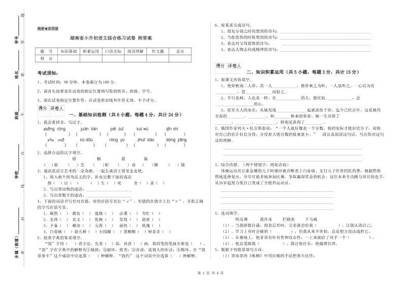 湖南省小升初语文综合练习试卷 附答案.doc_第1页