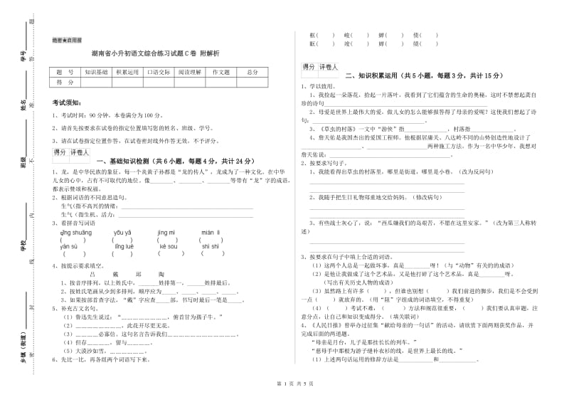 湖南省小升初语文综合练习试题C卷 附解析.doc_第1页