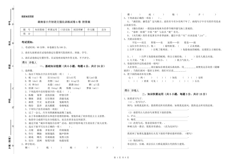 湖南省小升初语文强化训练试卷A卷 附答案.doc_第1页