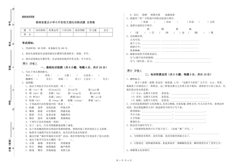 湖南省重点小学小升初语文强化训练试题 含答案.doc_第1页