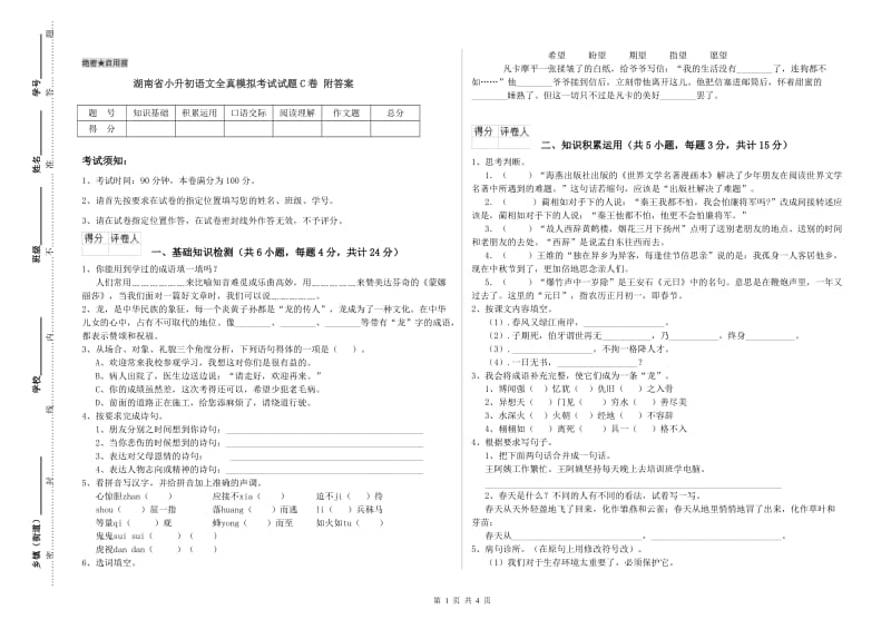 湖南省小升初语文全真模拟考试试题C卷 附答案.doc_第1页