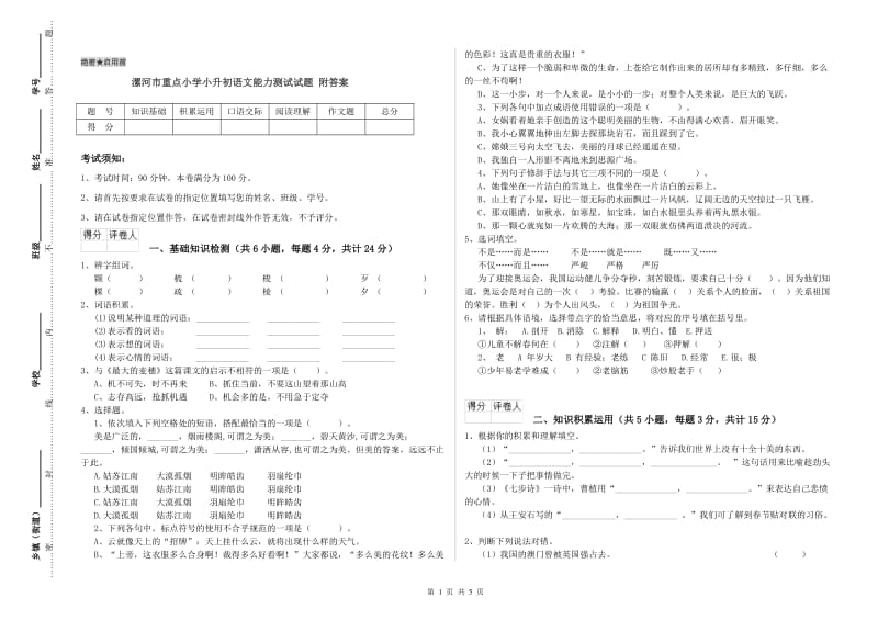 漯河市重点小学小升初语文能力测试试题 附答案.doc_第1页