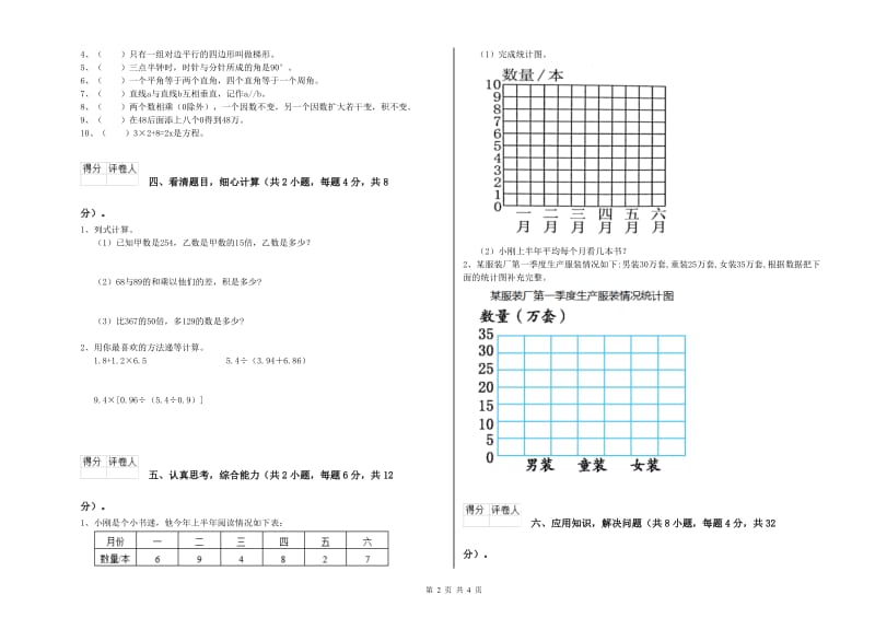 甘肃省2019年四年级数学【下册】期中考试试卷 含答案.doc_第2页