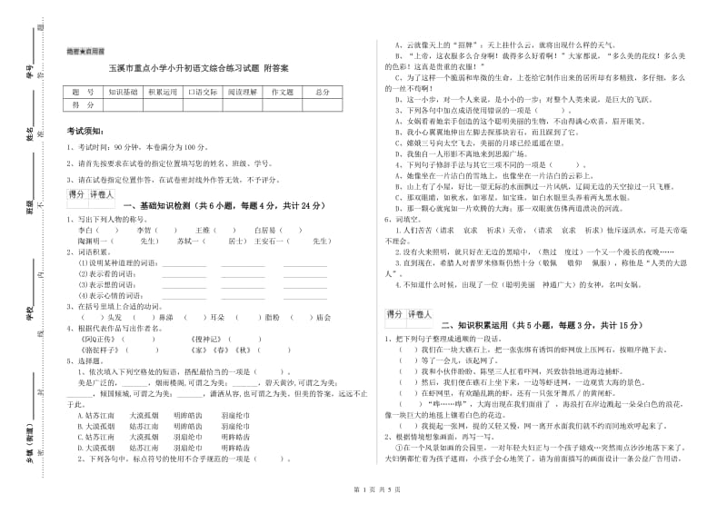 玉溪市重点小学小升初语文综合练习试题 附答案.doc_第1页