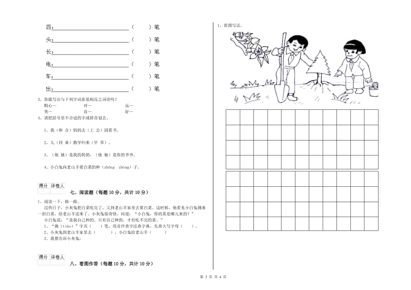 芜湖市实验小学一年级语文【上册】开学考试试题 附答案.doc_第3页