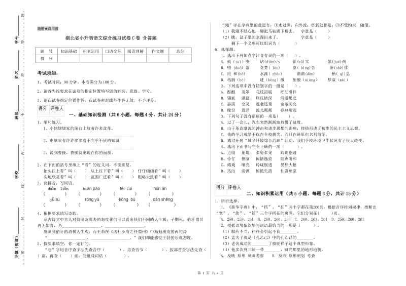 湖北省小升初语文综合练习试卷C卷 含答案.doc_第1页