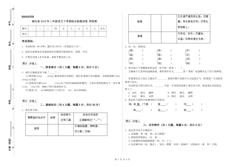 湖北省2019年二年级语文下学期综合检测试卷 附答案.doc_第1页