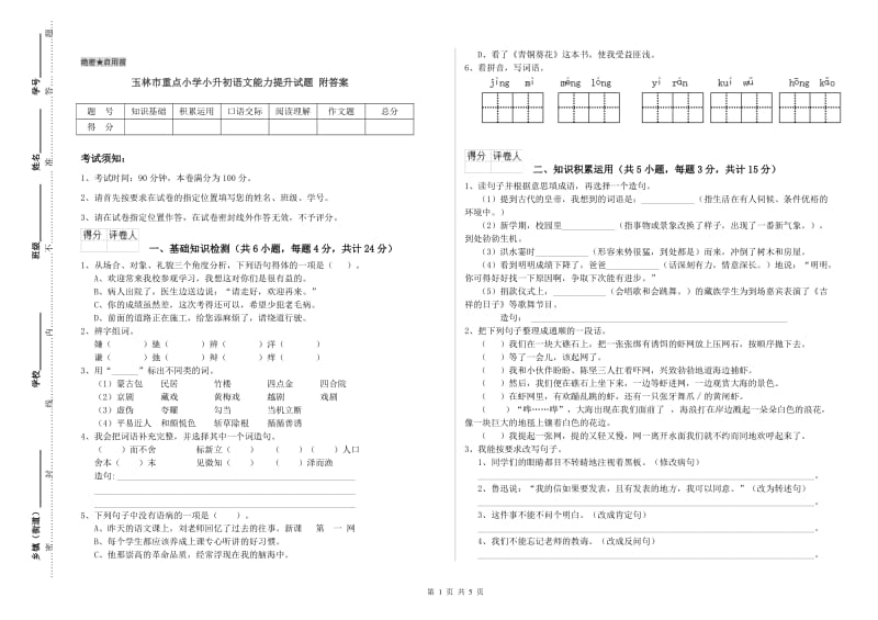 玉林市重点小学小升初语文能力提升试题 附答案.doc_第1页