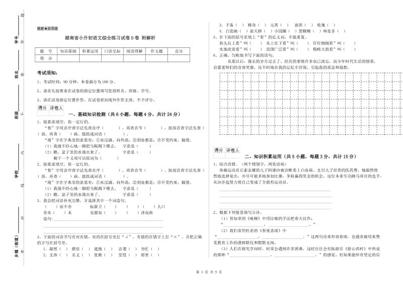 湖南省小升初语文综合练习试卷D卷 附解析.doc_第1页