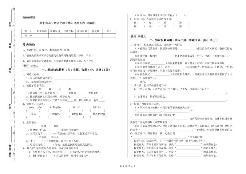 湖北省小升初语文综合练习试卷B卷 附解析.doc_第1页