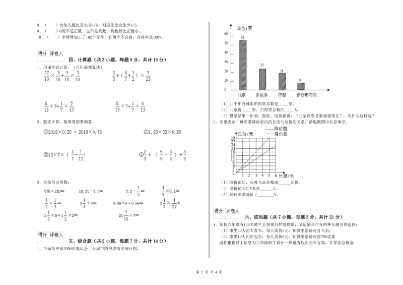 秦皇岛市实验小学六年级数学下学期开学检测试题 附答案.doc_第2页