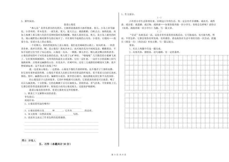 西南师大版六年级语文上学期考前检测试卷D卷 含答案.doc_第3页